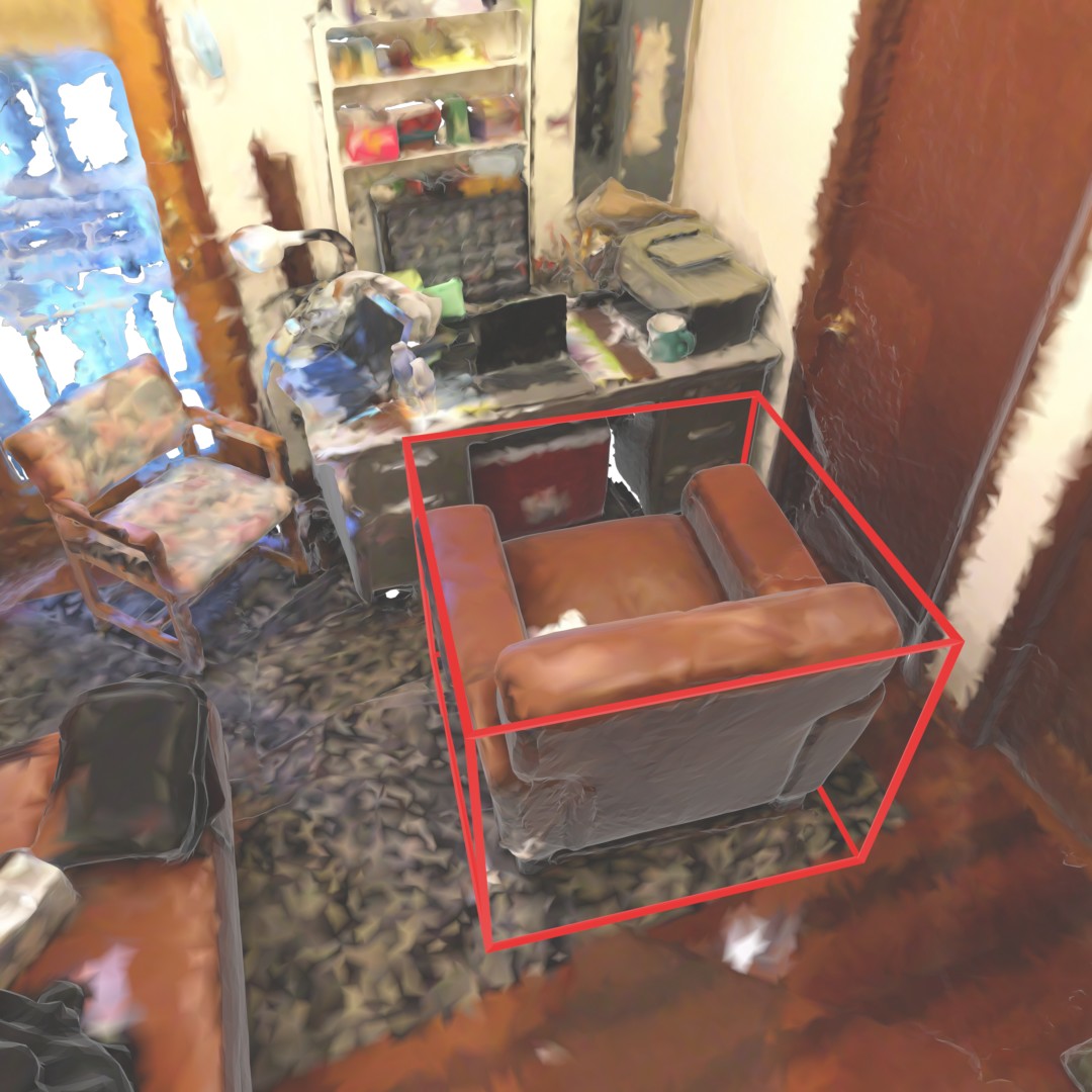 Grounding 1: The armchair directly facing the desk.[sep]Grounding 2: The armchair near the printer.[sep]Grounding 3: Large chair.[SEP]Question 1: What is in front of the large chair?[sep]Answer 1: Desk.[Sep]Question 2: What color is the armchair near the printer?[sep]Answer 2: Brown.[Sep]Question 3: What size is "the armchair near the printer" compared with the other chair?[sep]Answer 3: Large.